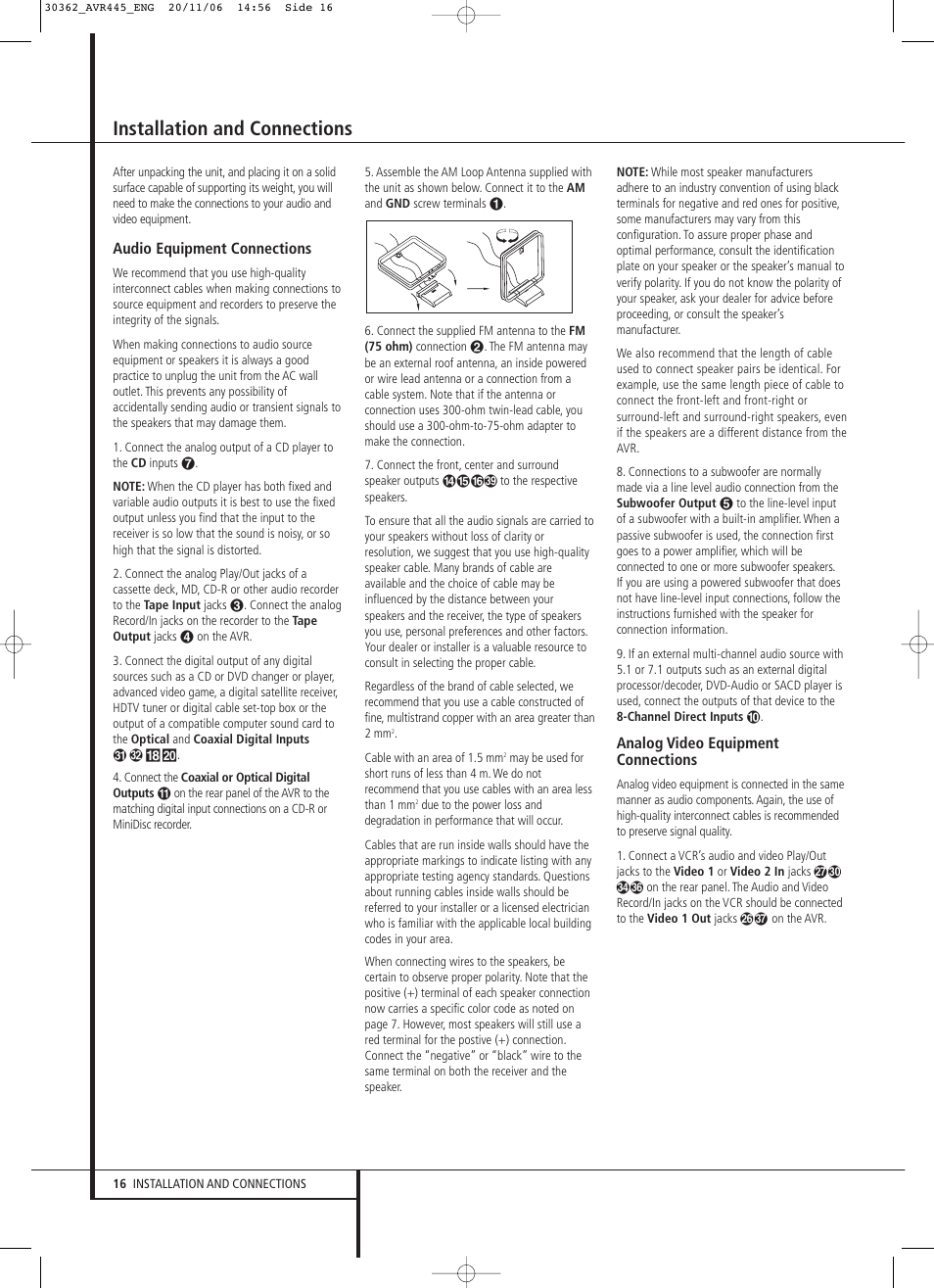 Installation and connections | Harman-Kardon AVR 445 User Manual | Page 16 / 66