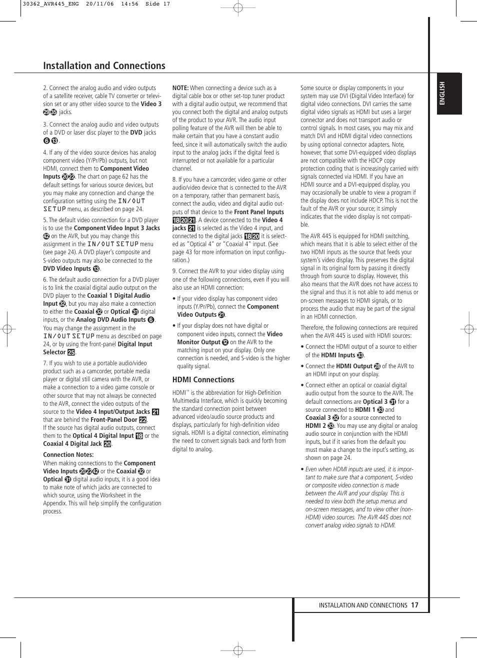 Installation and connections | Harman-Kardon AVR 445 User Manual | Page 17 / 66