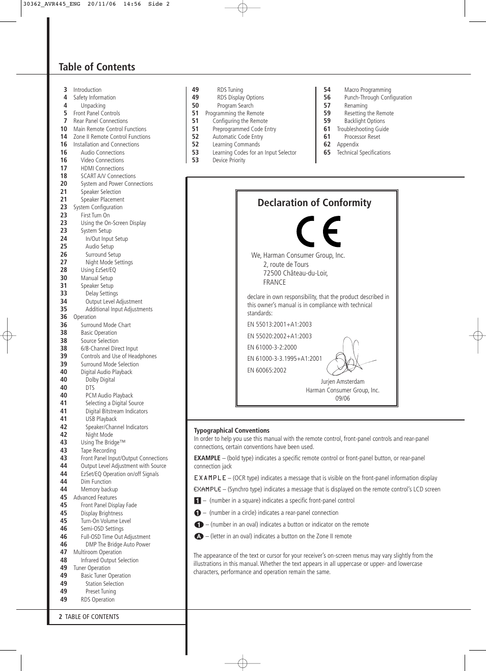 Harman-Kardon AVR 445 User Manual | Page 2 / 66