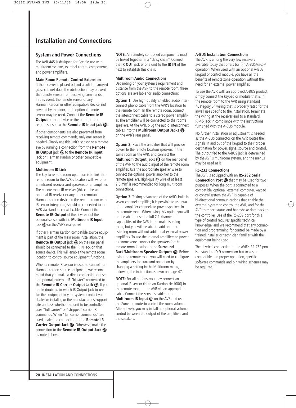 Installation and connections | Harman-Kardon AVR 445 User Manual | Page 20 / 66