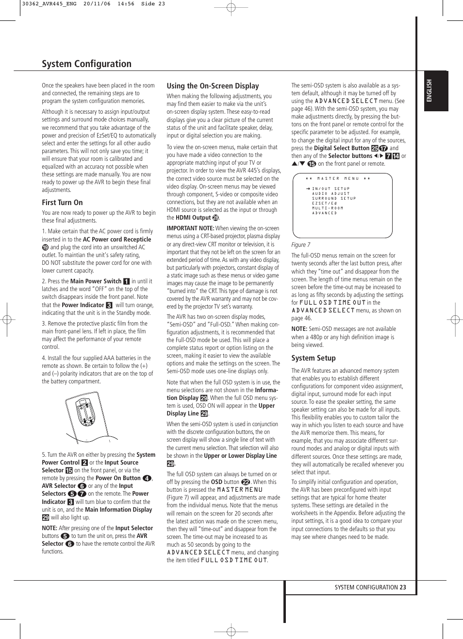 System configuration, First turn on, Using the on-screen display | System setup | Harman-Kardon AVR 445 User Manual | Page 23 / 66