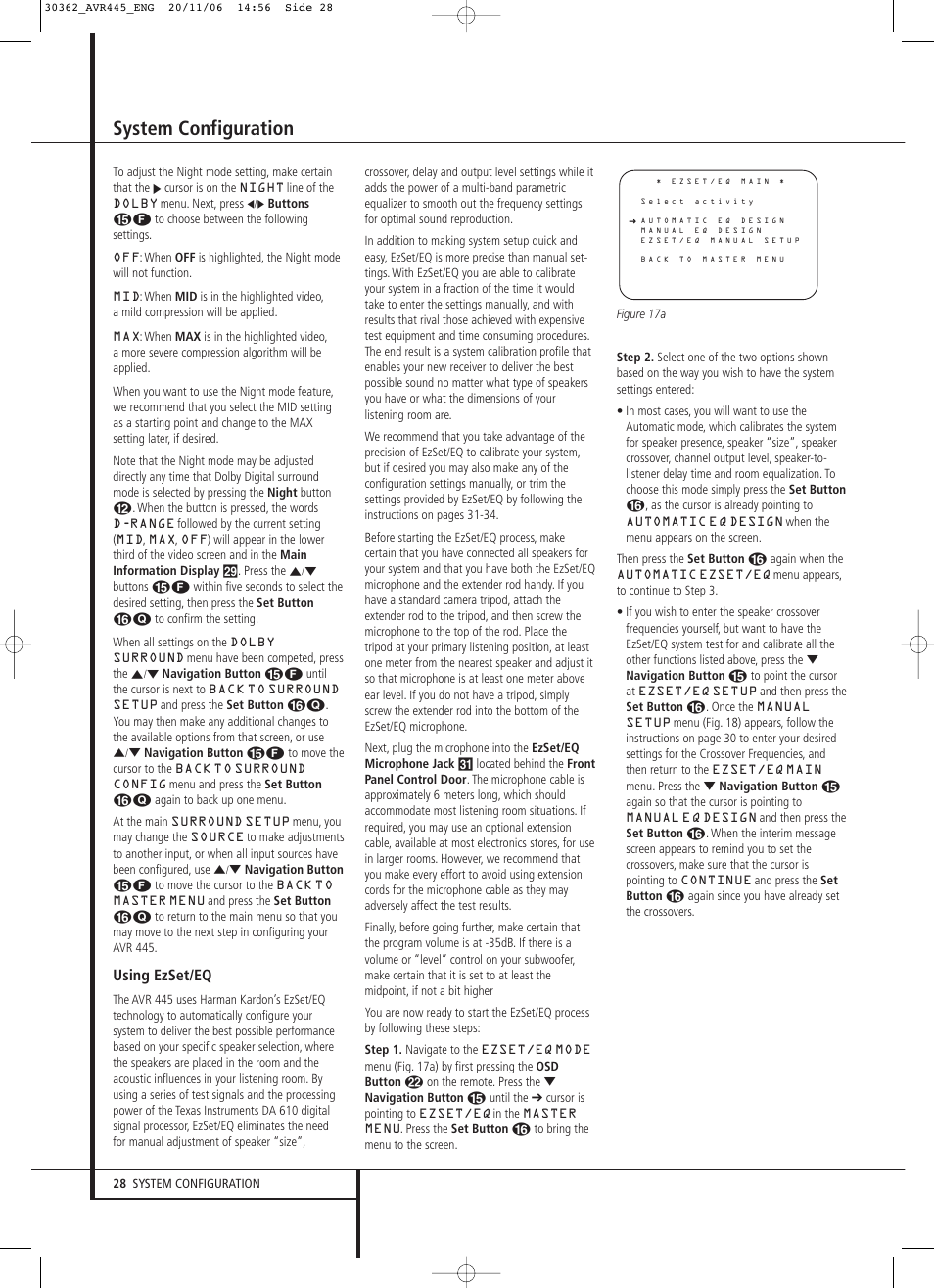 System configuration, Using ezset/eq | Harman-Kardon AVR 445 User Manual | Page 28 / 66