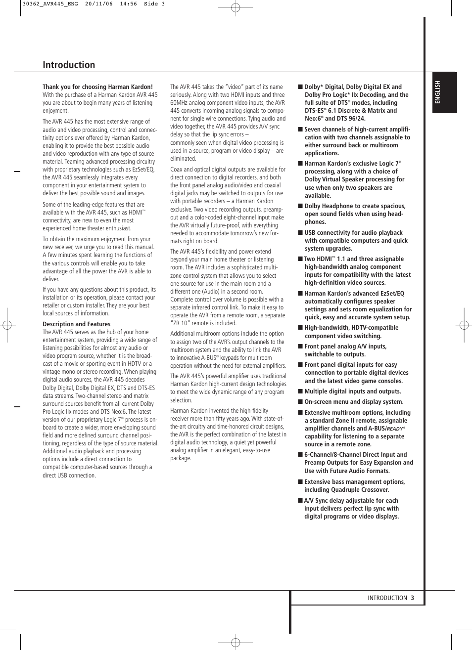 Introduction | Harman-Kardon AVR 445 User Manual | Page 3 / 66