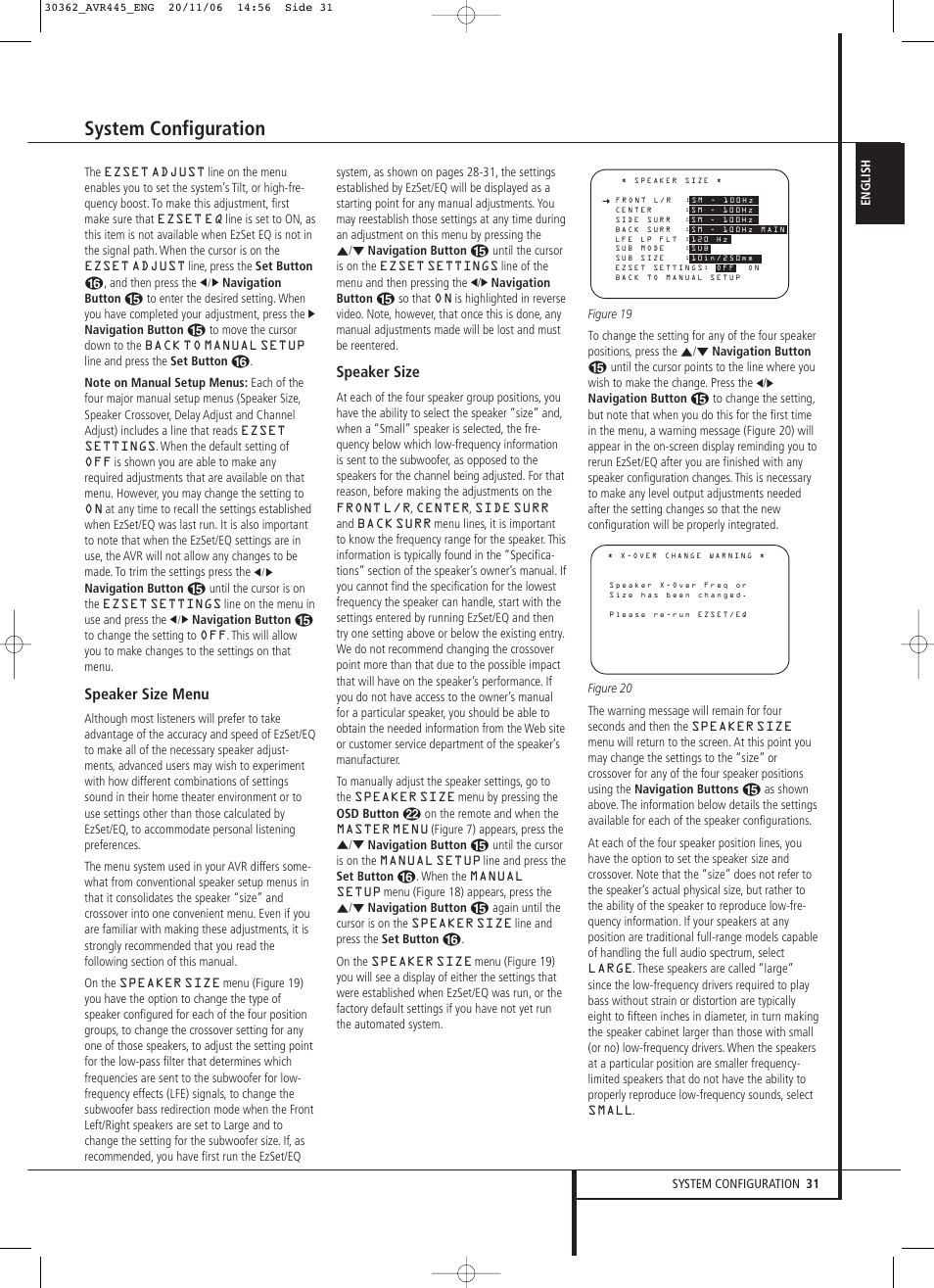 System configuration, Speaker size menu, Speaker size | Harman-Kardon AVR 445 User Manual | Page 31 / 66