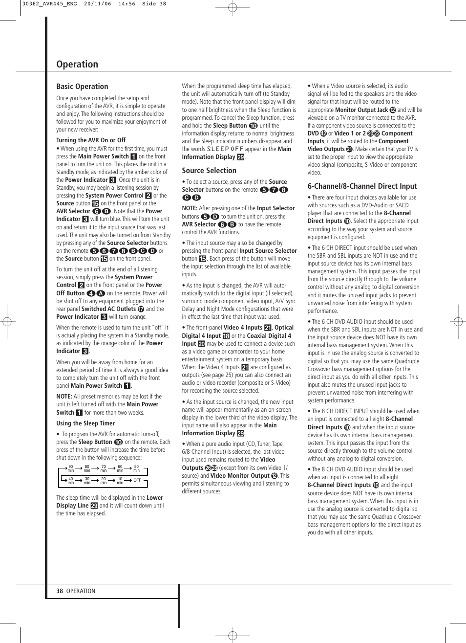 Operation, Basic operation, Source selection | Channel/8-channel direct input | Harman-Kardon AVR 445 User Manual | Page 38 / 66