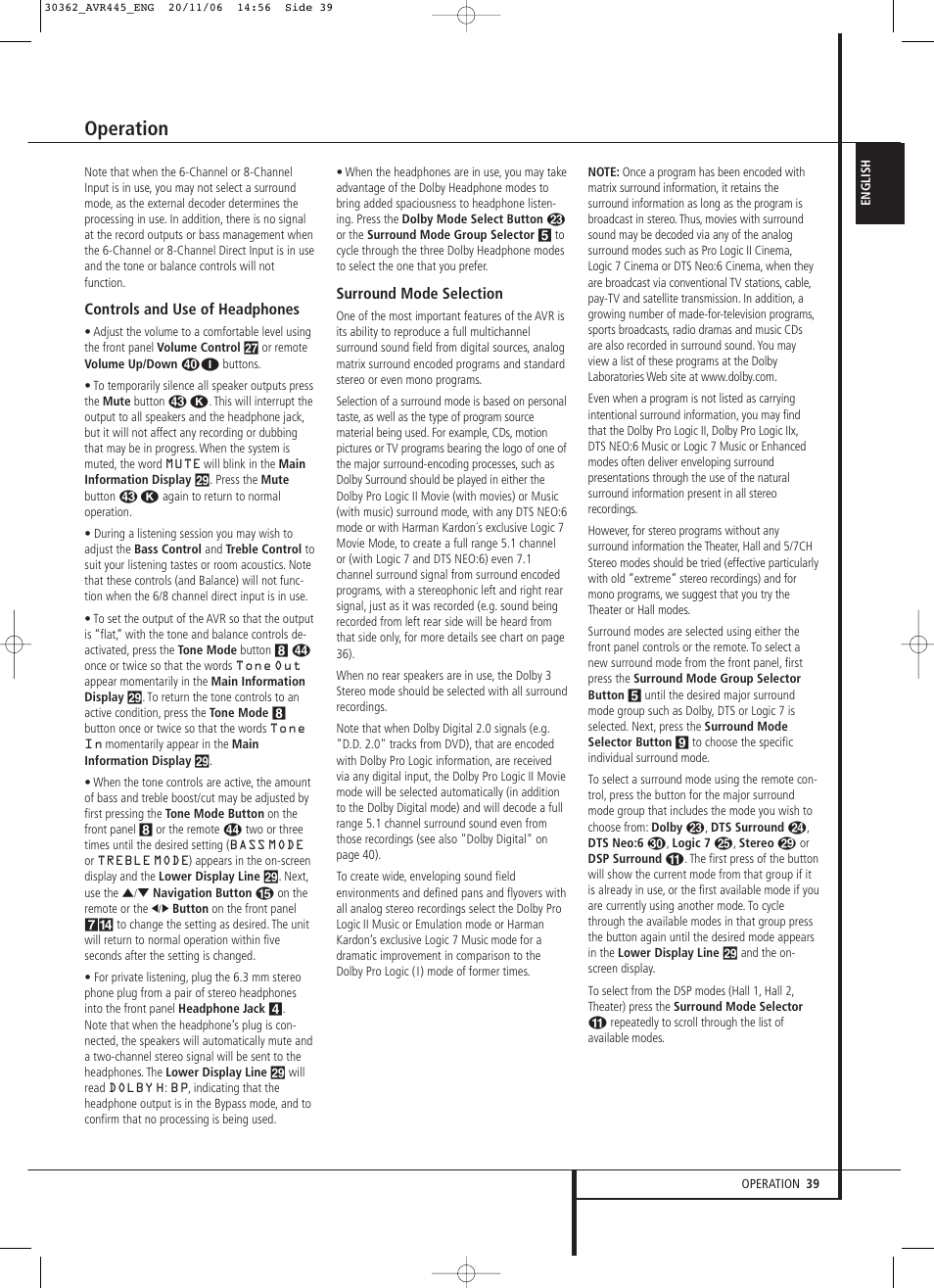 Operation | Harman-Kardon AVR 445 User Manual | Page 39 / 66