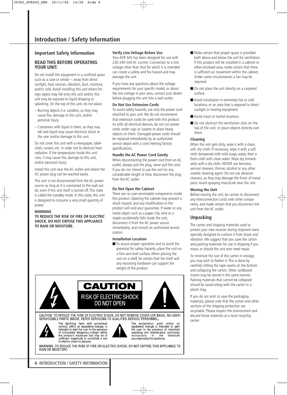 Introduction / safety information | Harman-Kardon AVR 445 User Manual | Page 4 / 66