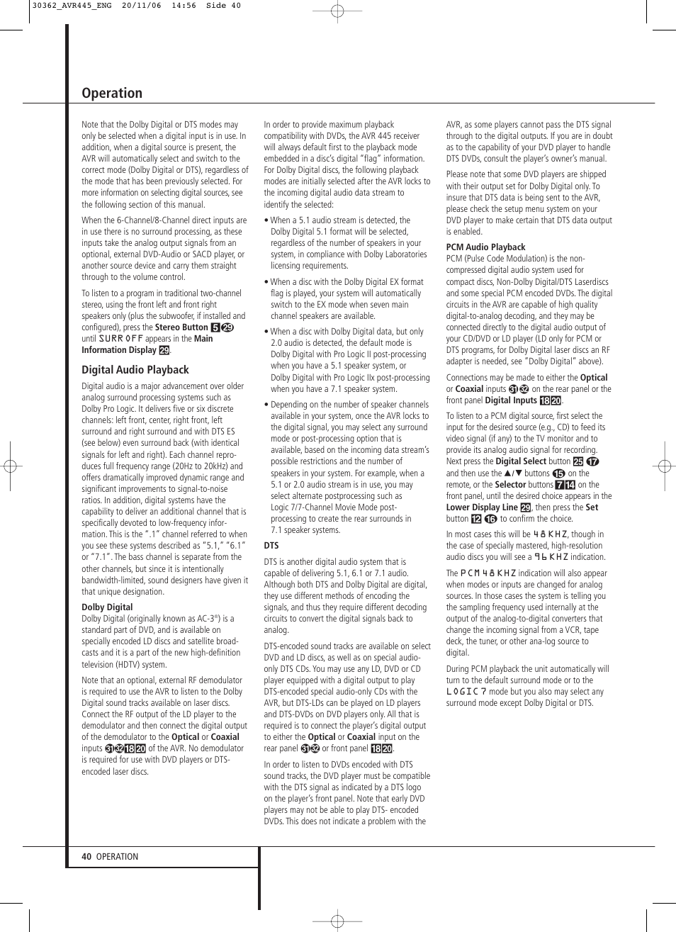 Operation | Harman-Kardon AVR 445 User Manual | Page 40 / 66