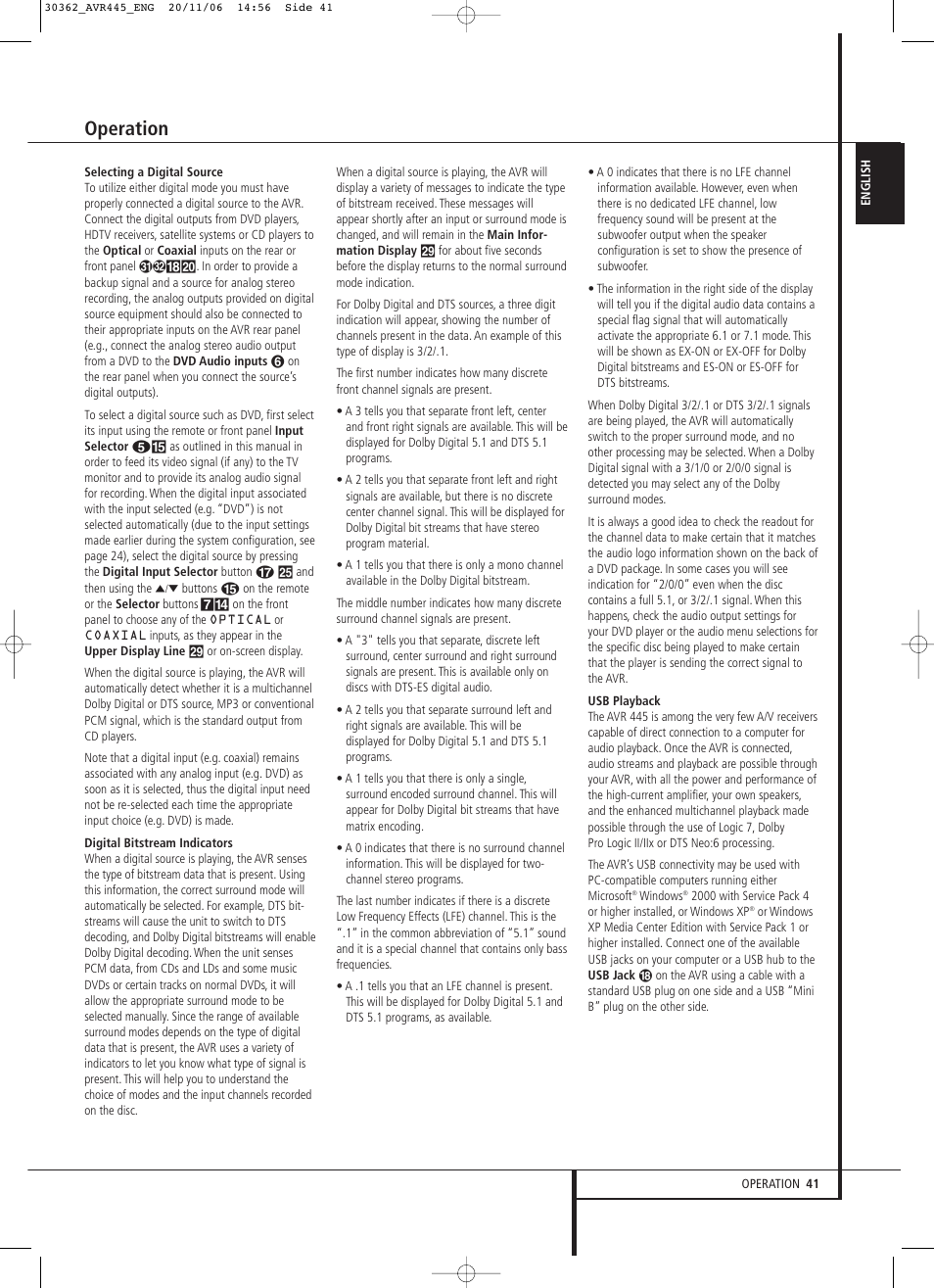 Operation | Harman-Kardon AVR 445 User Manual | Page 41 / 66