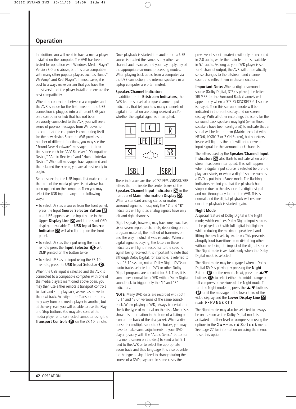 Operation | Harman-Kardon AVR 445 User Manual | Page 42 / 66