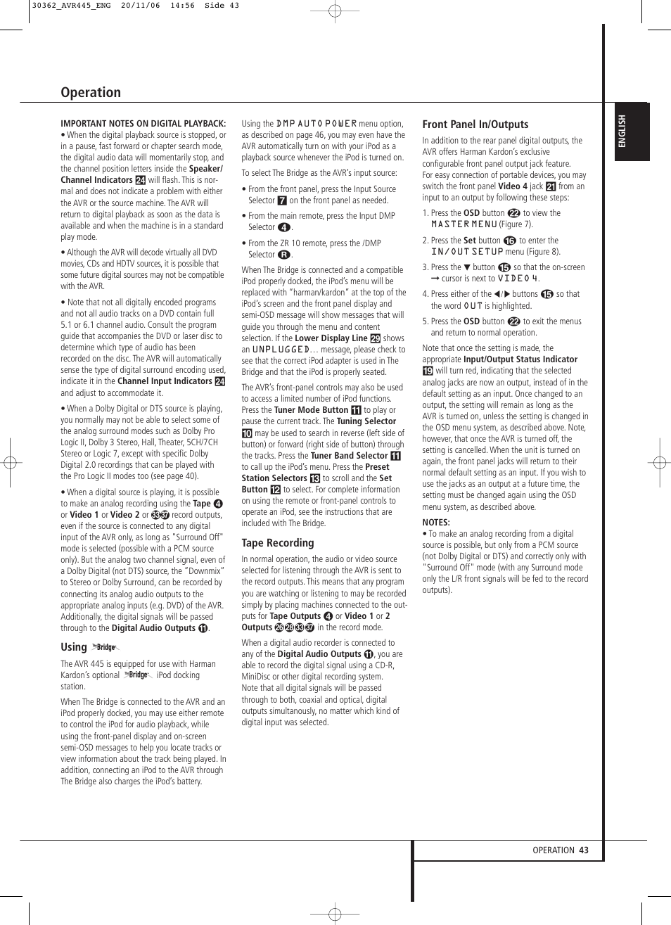 Operation | Harman-Kardon AVR 445 User Manual | Page 43 / 66