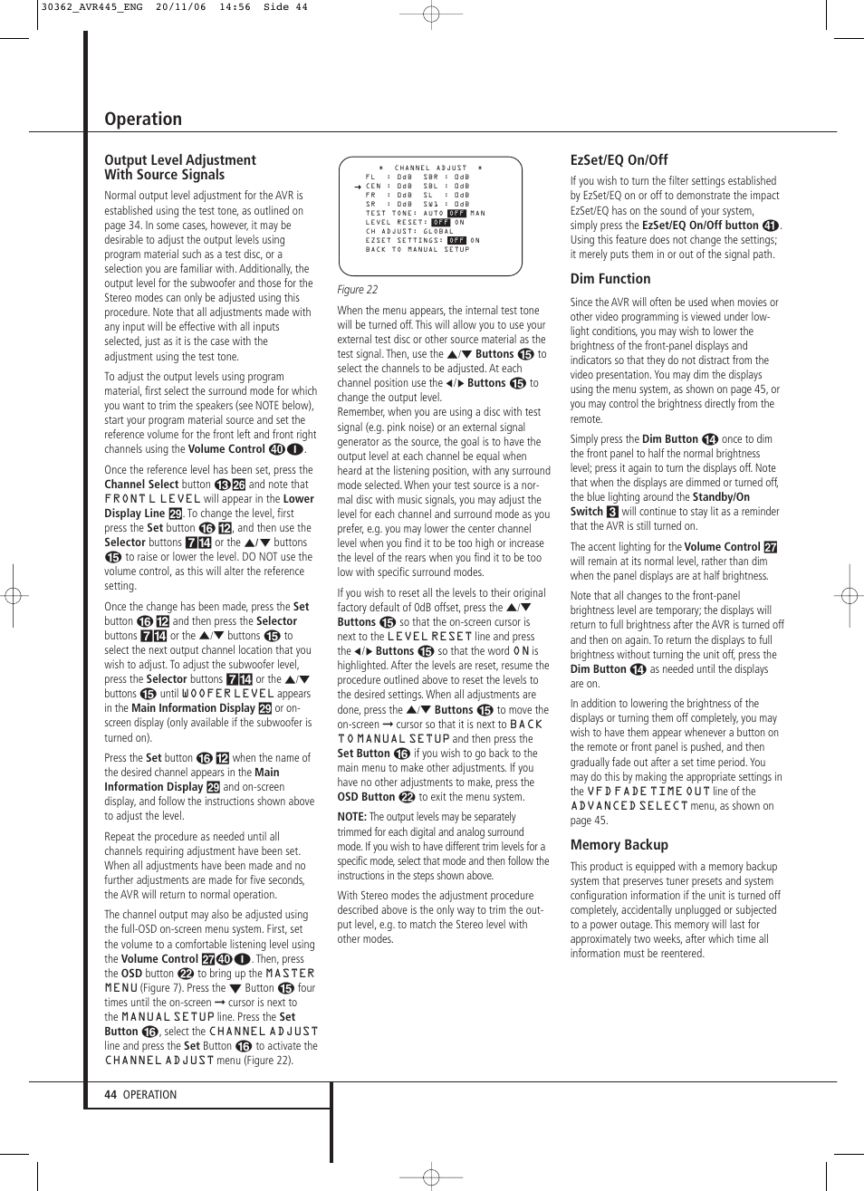 Operation, Output level adjustment with source signals, Ezset/eq on/off | Dim function | Harman-Kardon AVR 445 User Manual | Page 44 / 66