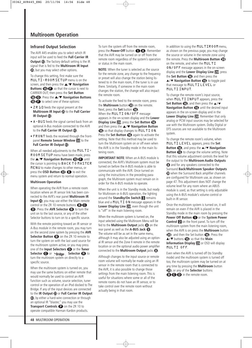 Multiroom operation, Infrared output selection | Harman-Kardon AVR 445 User Manual | Page 48 / 66