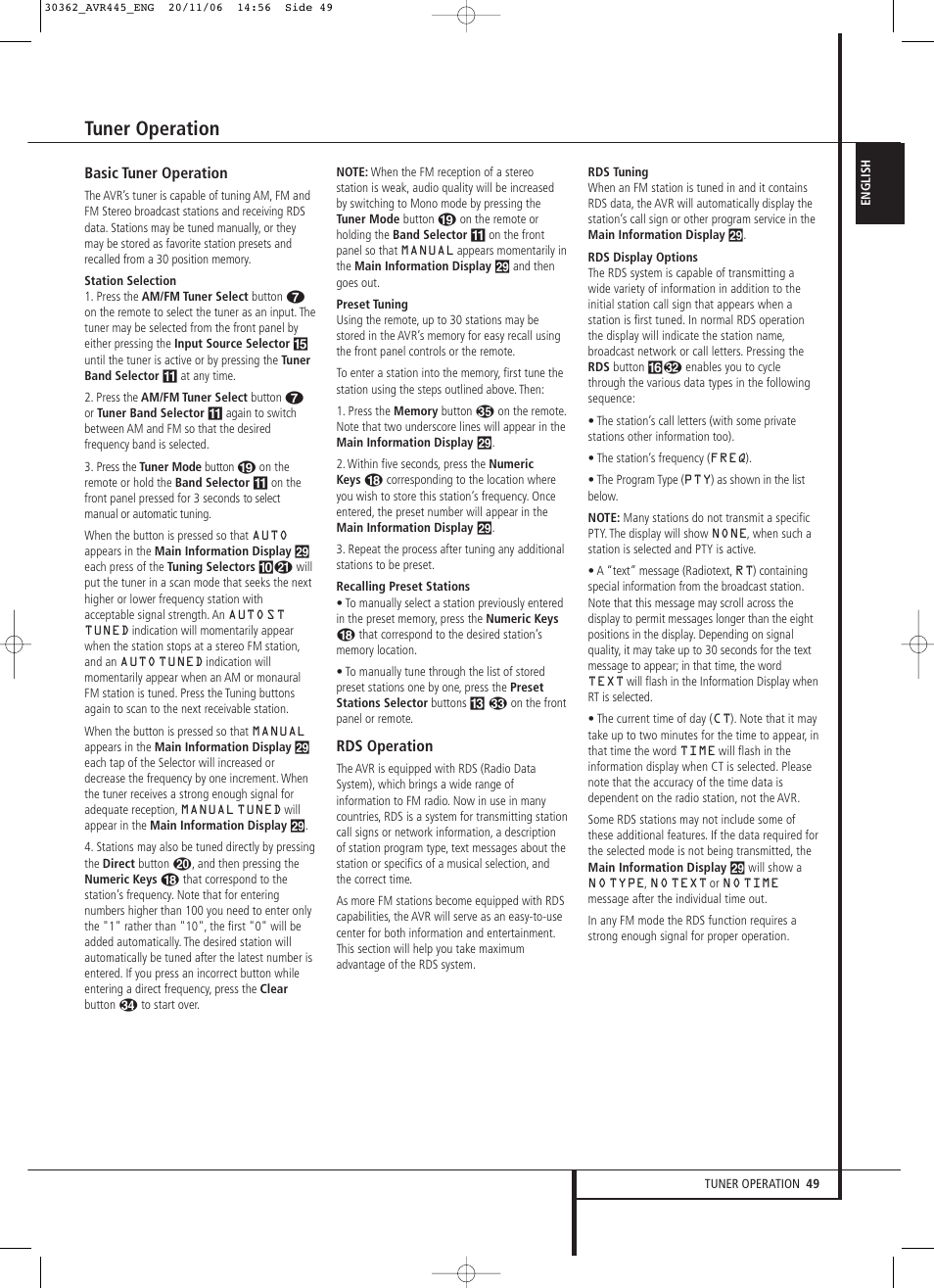 Tuner operation | Harman-Kardon AVR 445 User Manual | Page 49 / 66