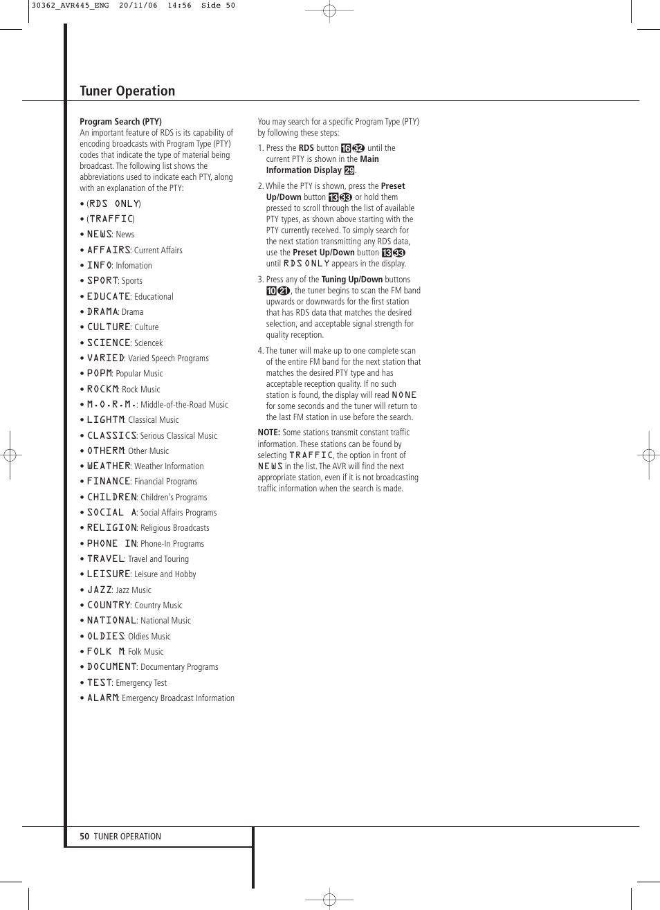 Tuner operation | Harman-Kardon AVR 445 User Manual | Page 50 / 66