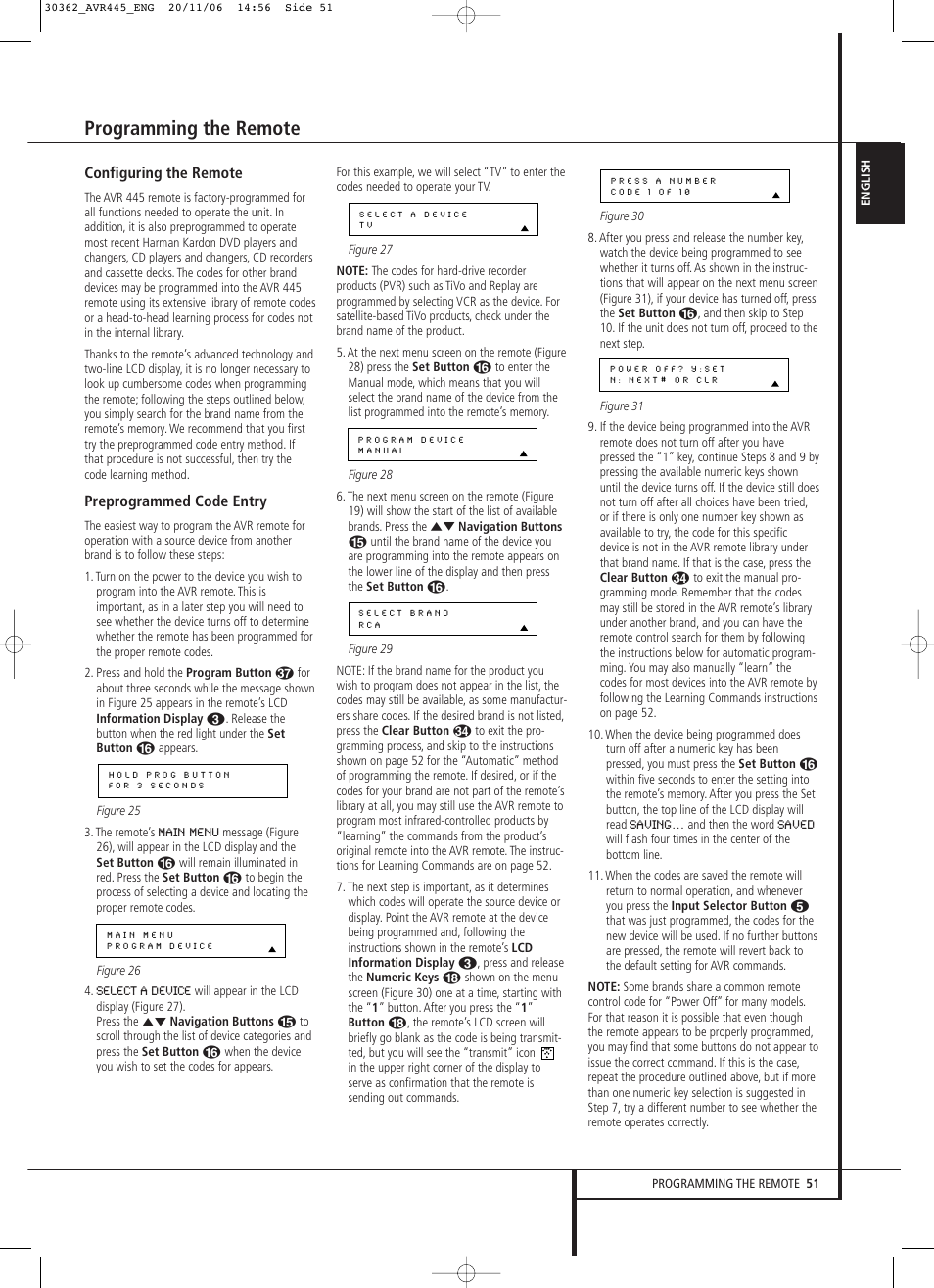 Programming the remote, Configuring the remote, Preprogrammed code entry | Harman-Kardon AVR 445 User Manual | Page 51 / 66