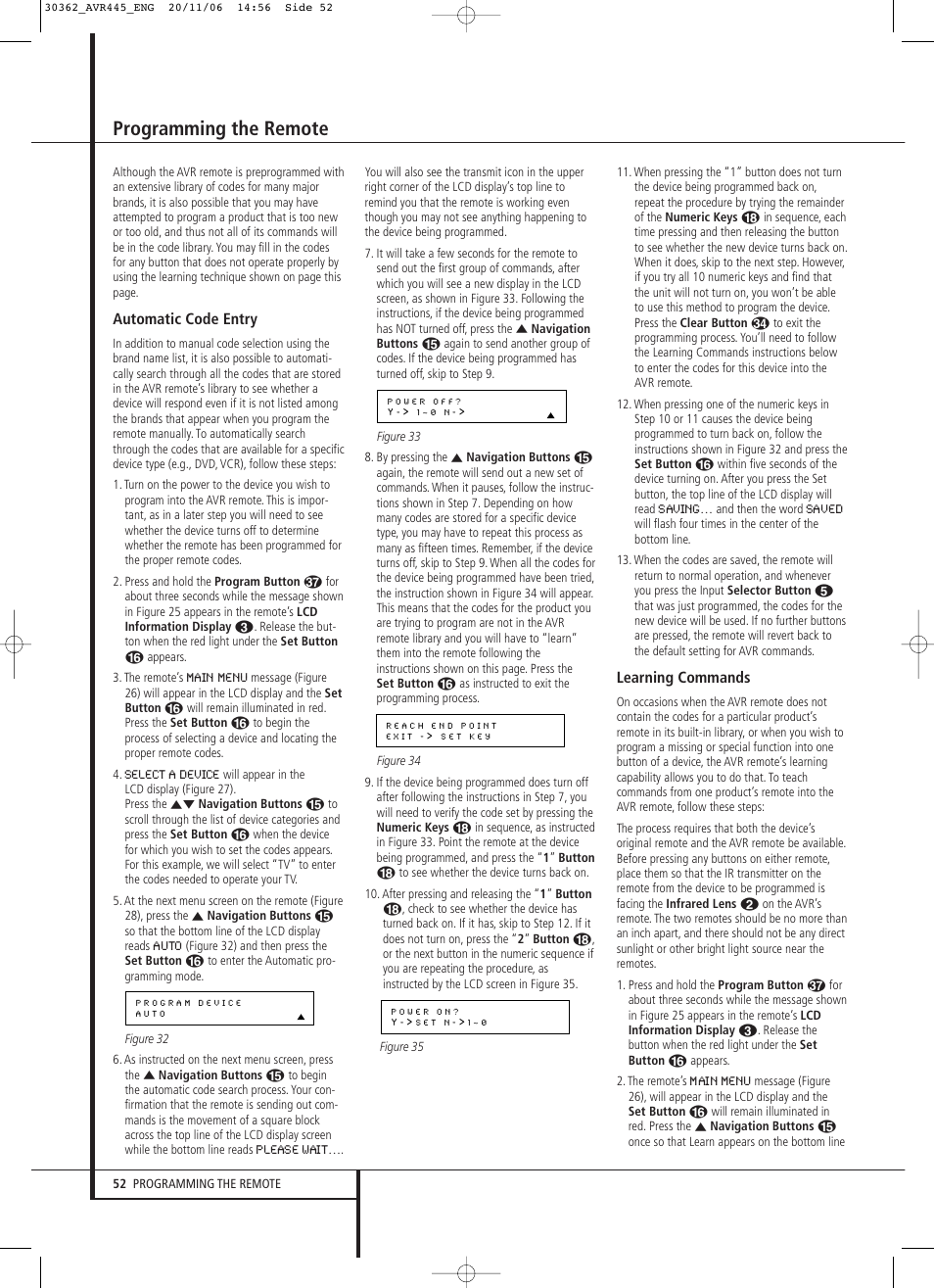 Programming the remote, Automatic code entry, Learning commands | Harman-Kardon AVR 445 User Manual | Page 52 / 66