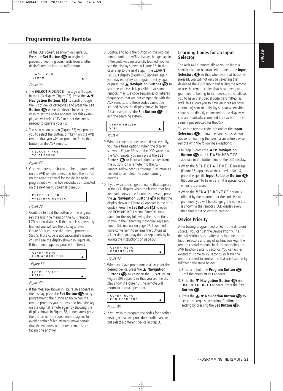 Programming the remote, Learning codes for an input selector, Device priority | Harman-Kardon AVR 445 User Manual | Page 53 / 66