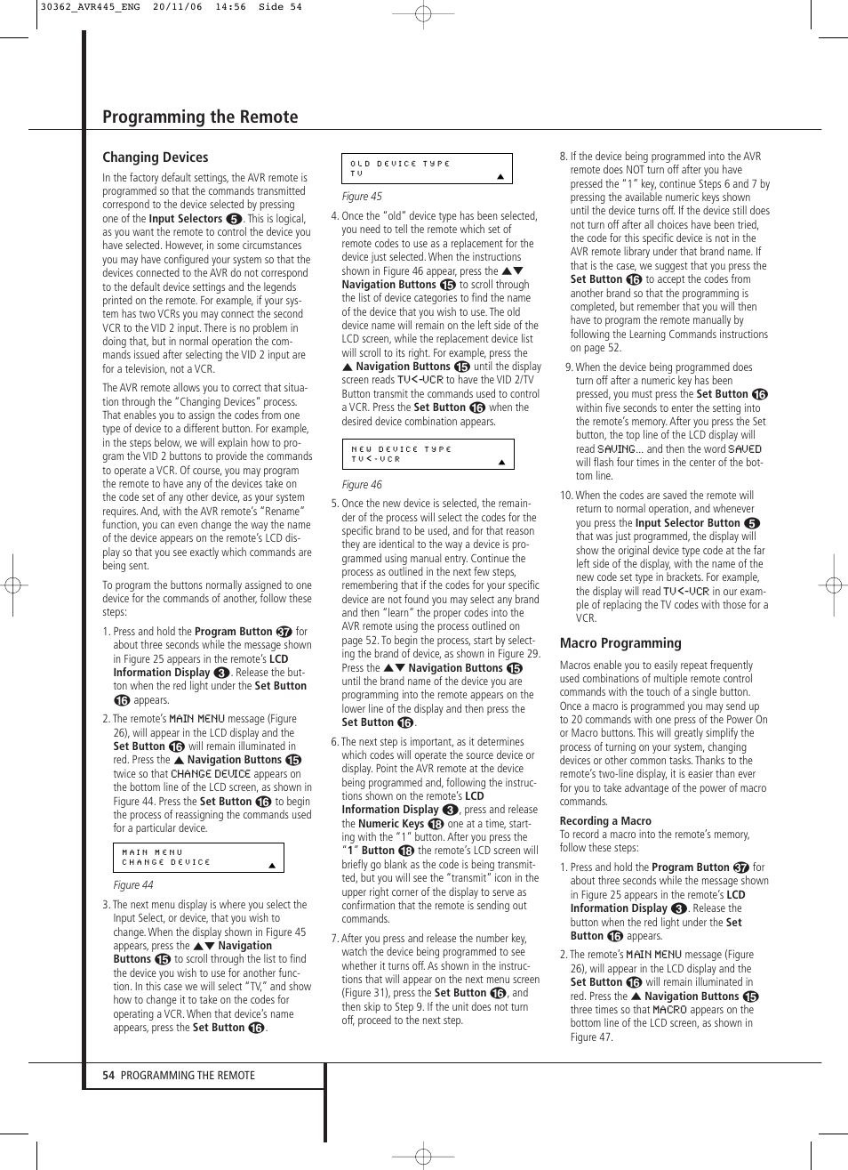 Programming the remote | Harman-Kardon AVR 445 User Manual | Page 54 / 66