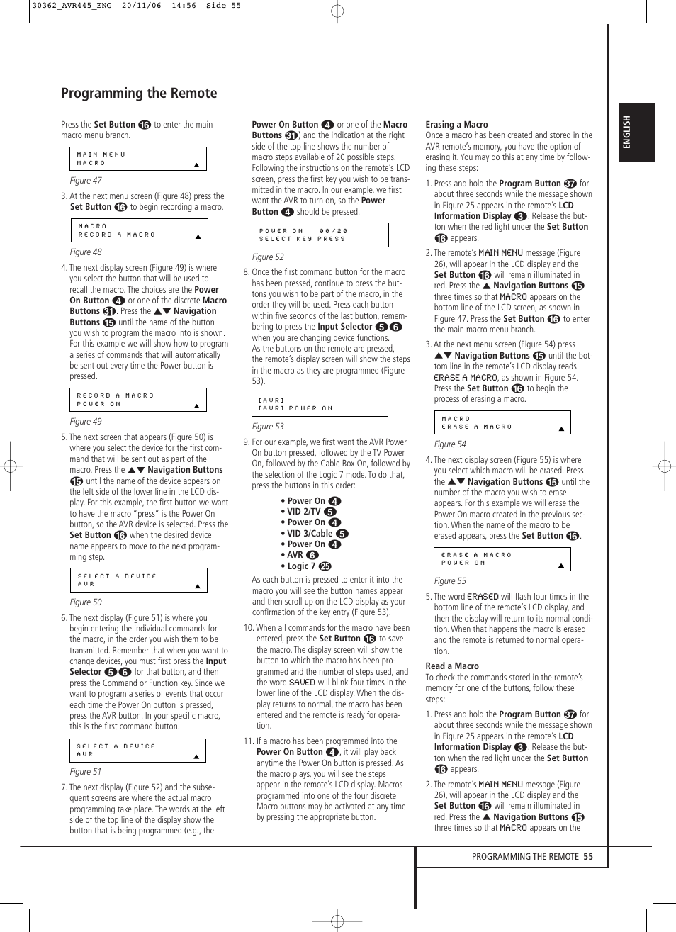 Programming the remote | Harman-Kardon AVR 445 User Manual | Page 55 / 66