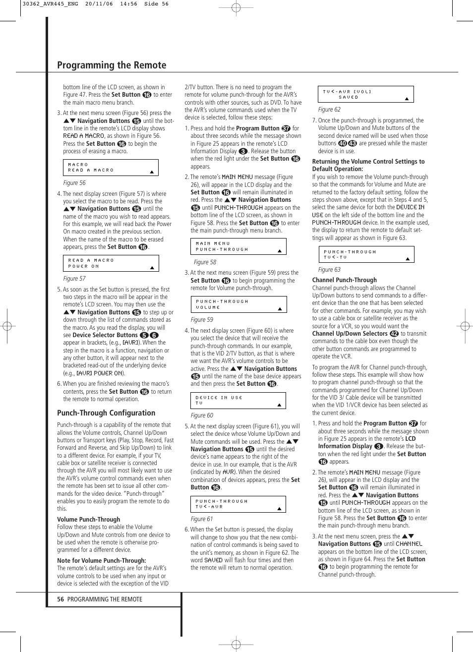 Programming the remote, Punch-through configuration | Harman-Kardon AVR 445 User Manual | Page 56 / 66