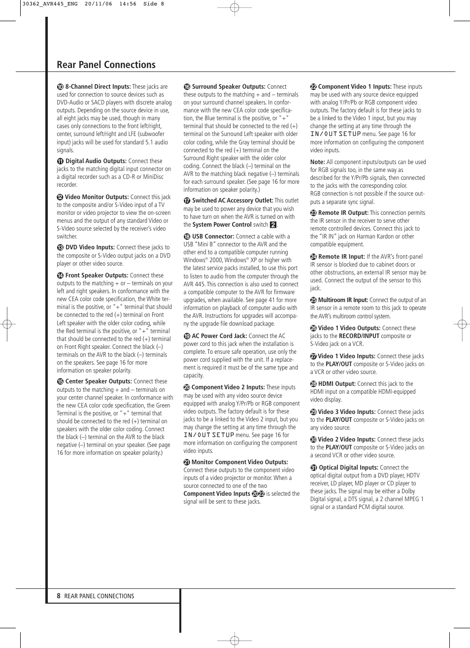 Rear panel connections | Harman-Kardon AVR 445 User Manual | Page 8 / 66