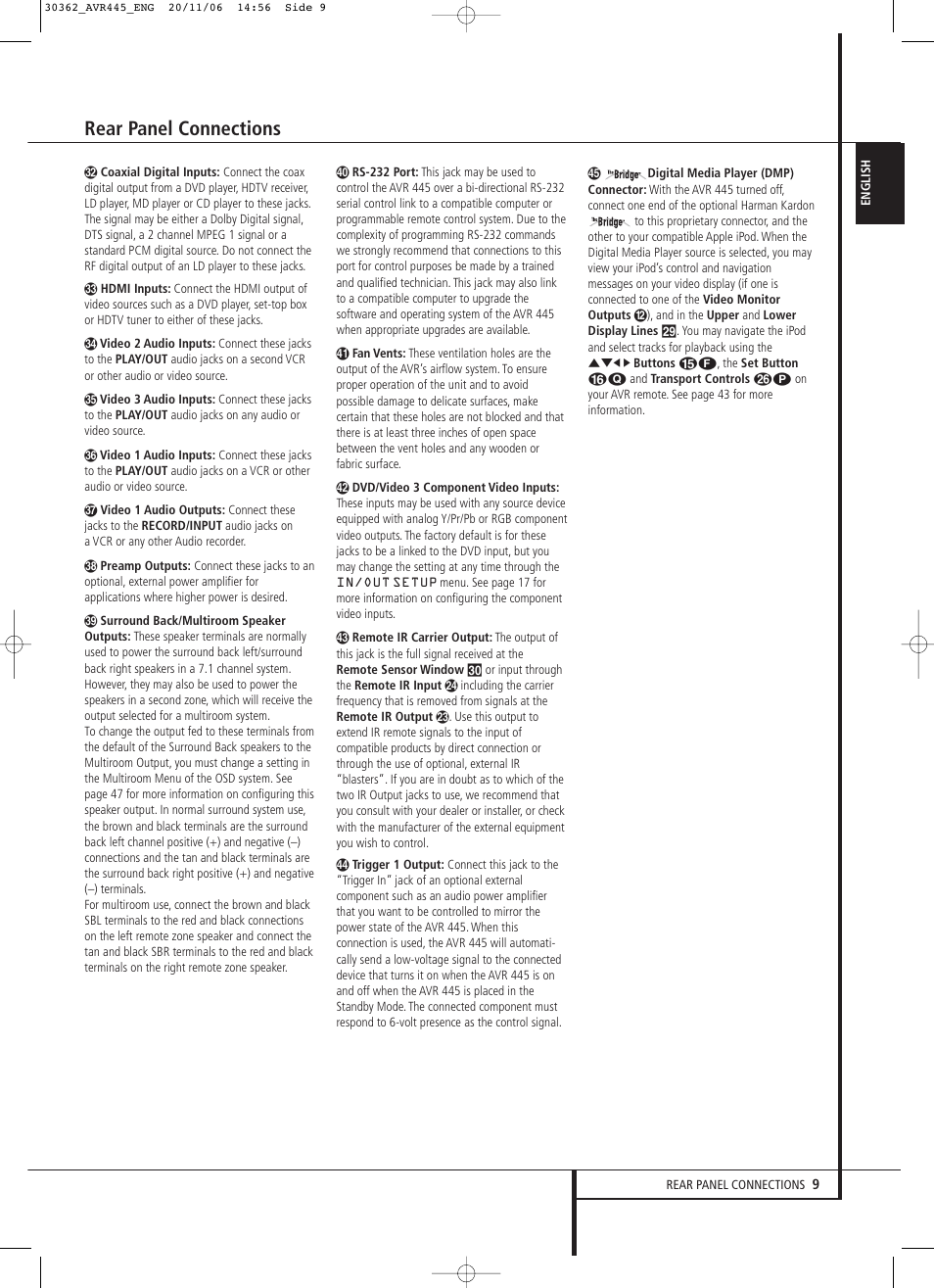 Rear panel connections | Harman-Kardon AVR 445 User Manual | Page 9 / 66