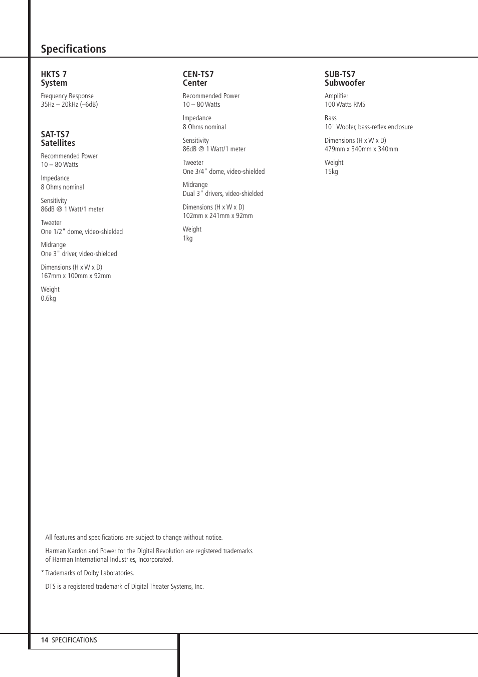 Specifications | Harman-Kardon HKTS 7 User Manual | Page 14 / 16