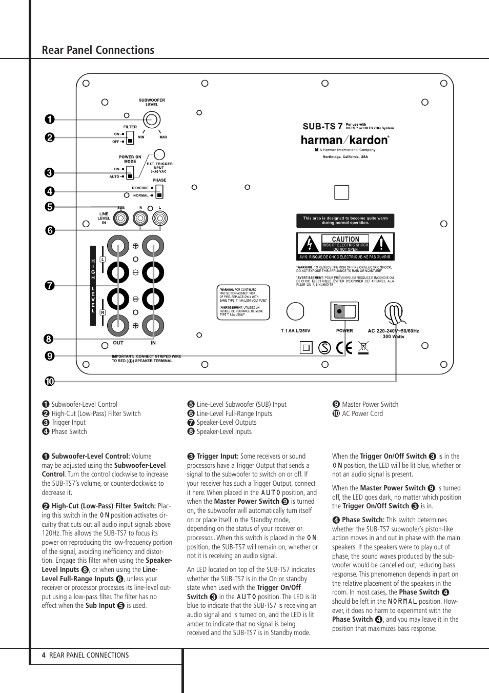 Rear panel connections | Harman-Kardon HKTS 7 User Manual | Page 4 / 16