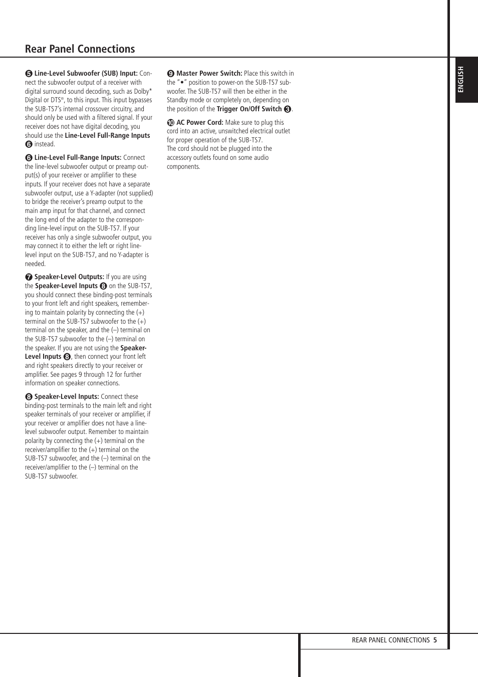 Rear panel connections | Harman-Kardon HKTS 7 User Manual | Page 5 / 16