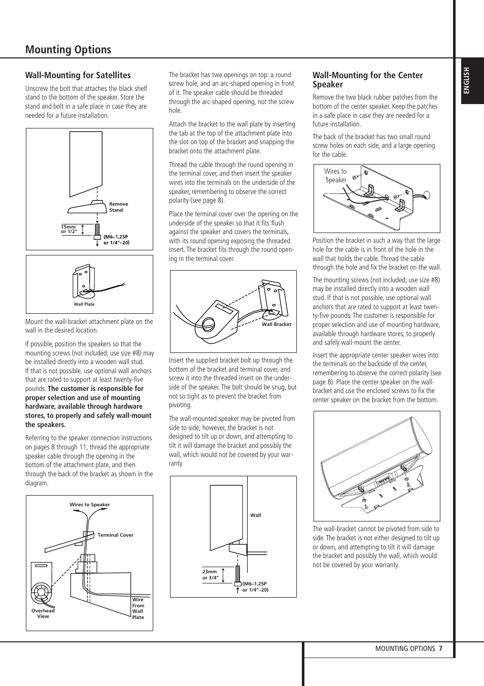 Mounting options, Wall-mounting for satellites, Wall-mounting for the center speaker | Harman-Kardon HKTS 7 User Manual | Page 7 / 16