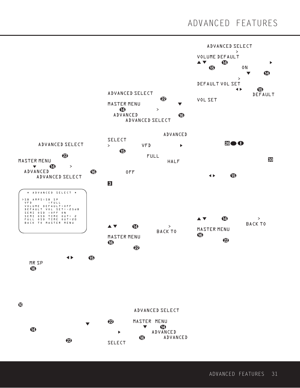 Advanced features, Advanced features 31, Surround amplifier channel assignment | Display brightness, Turn-on volume level, Semi-osd settings | Harman-Kardon AVR 330 User Manual | Page 31 / 56