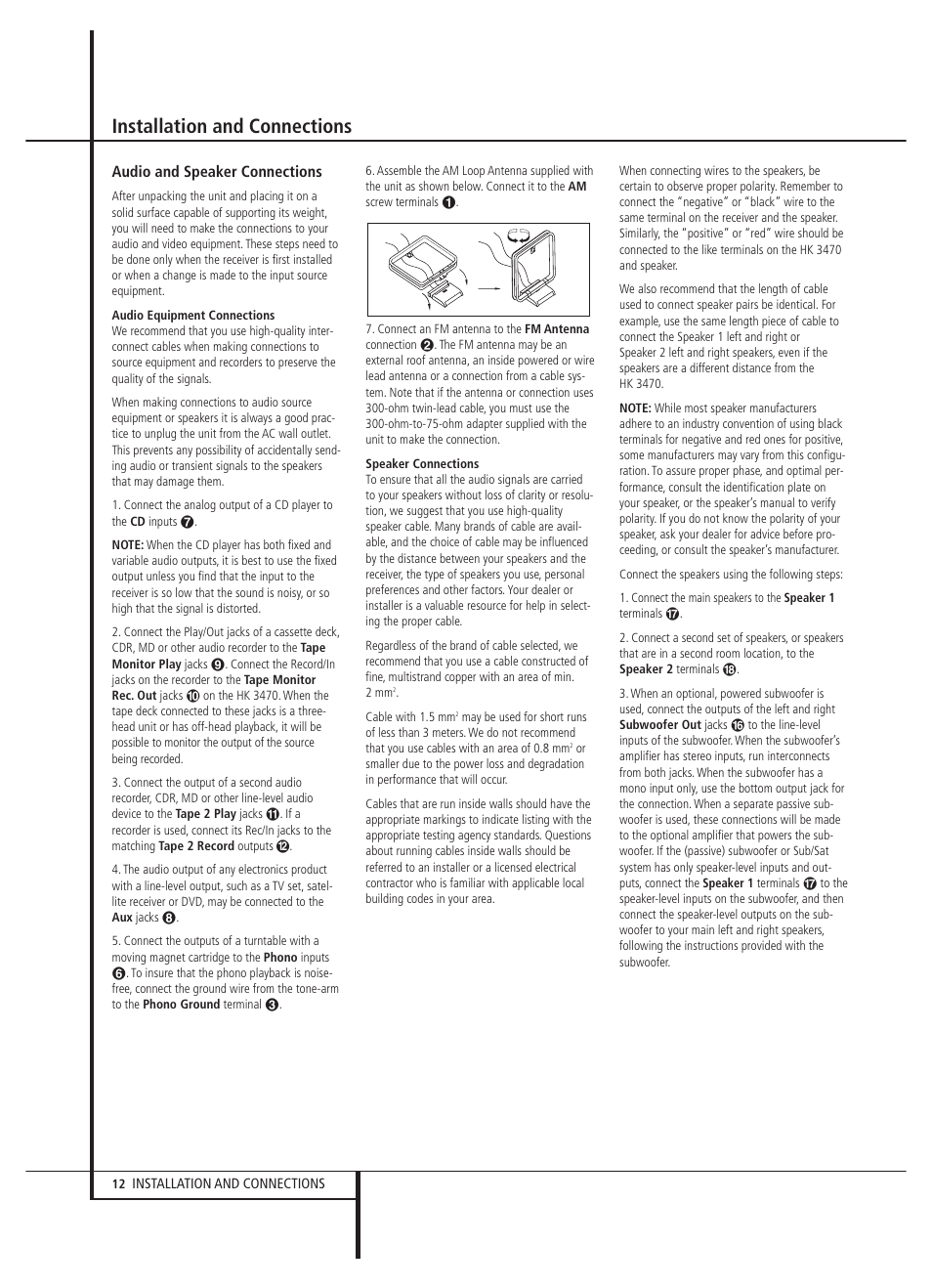 Installation and connections | Harman-Kardon HK 3470 User Manual | Page 12 / 22