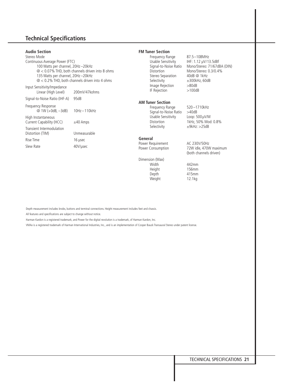 Technical specifications | Harman-Kardon HK 3470 User Manual | Page 21 / 22