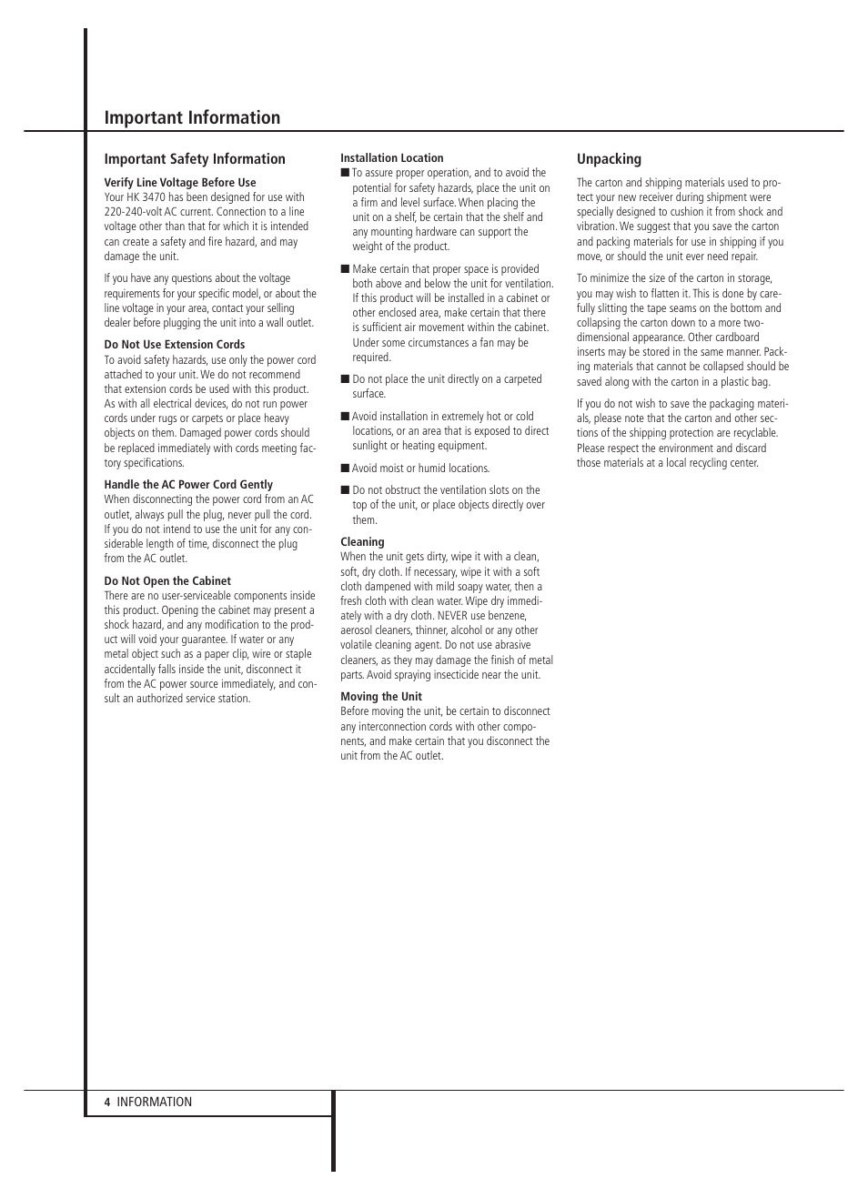 Important information | Harman-Kardon HK 3470 User Manual | Page 4 / 22