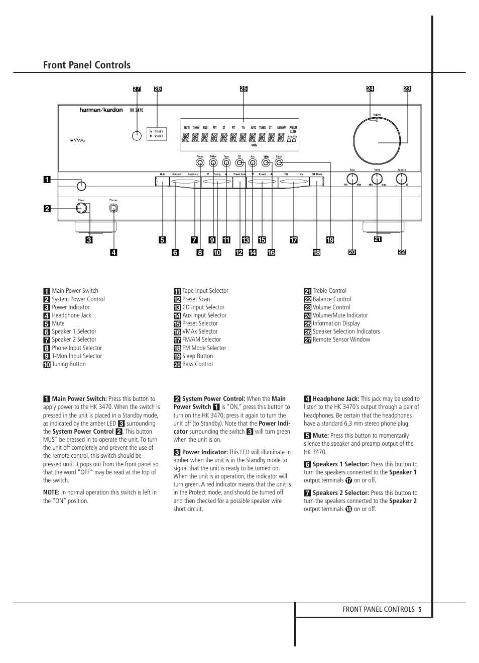 Front panel controls | Harman-Kardon HK 3470 User Manual | Page 5 / 22