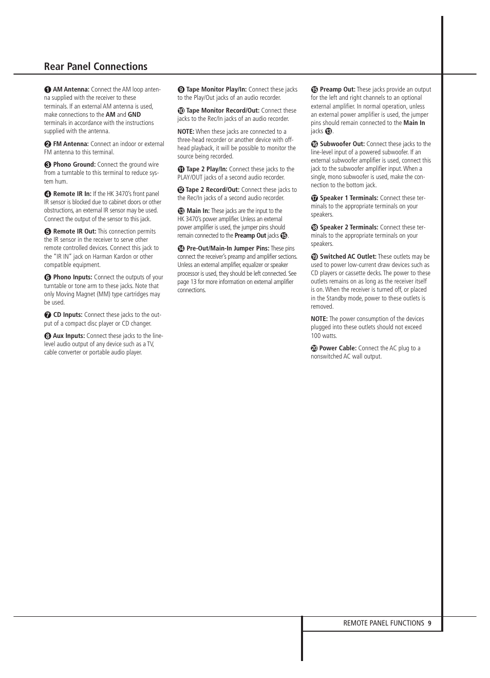 Rear panel connections | Harman-Kardon HK 3470 User Manual | Page 9 / 22