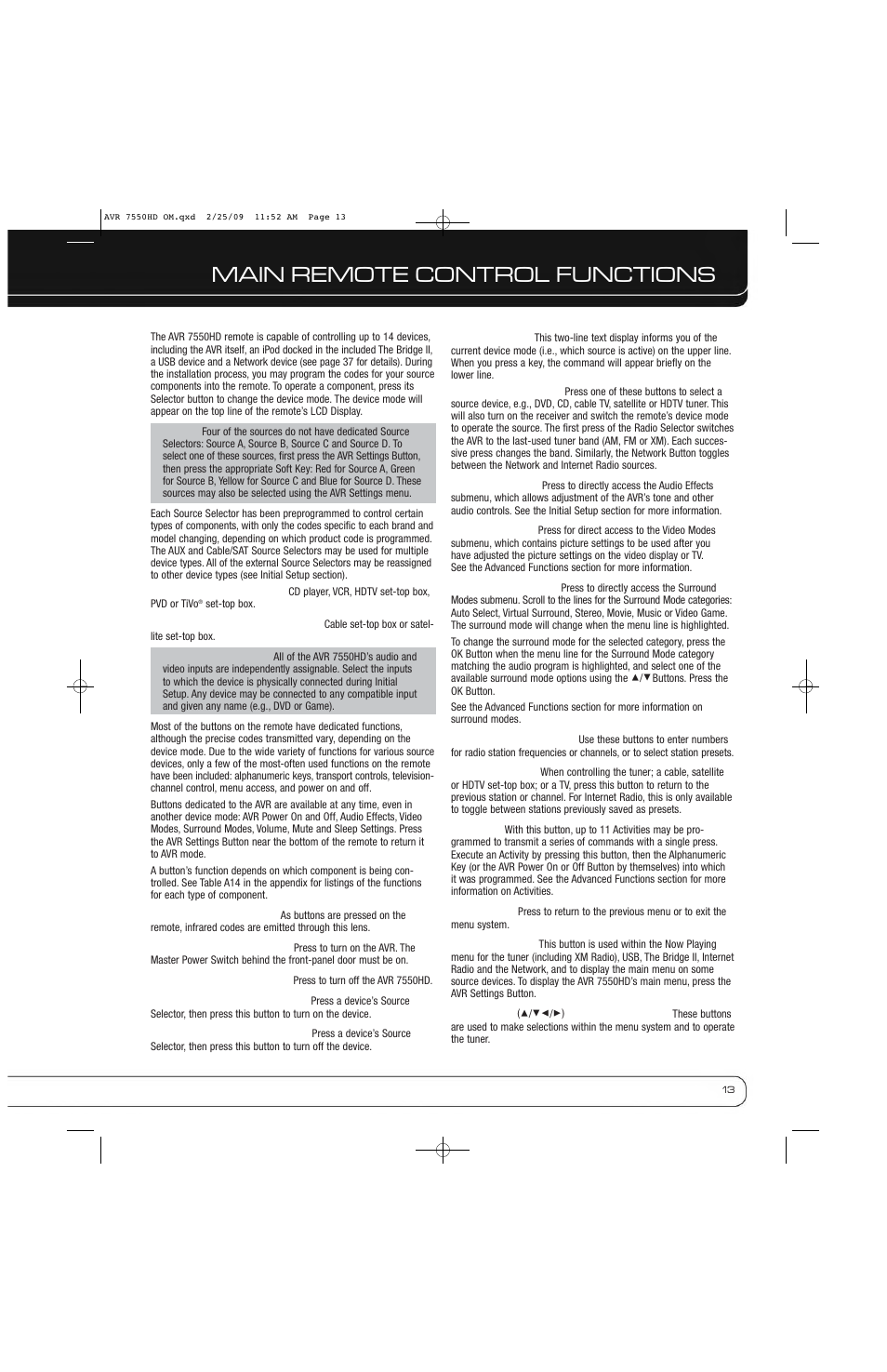 Main remote control functions | Harman-Kardon AVR 7550HD User Manual | Page 13 / 68