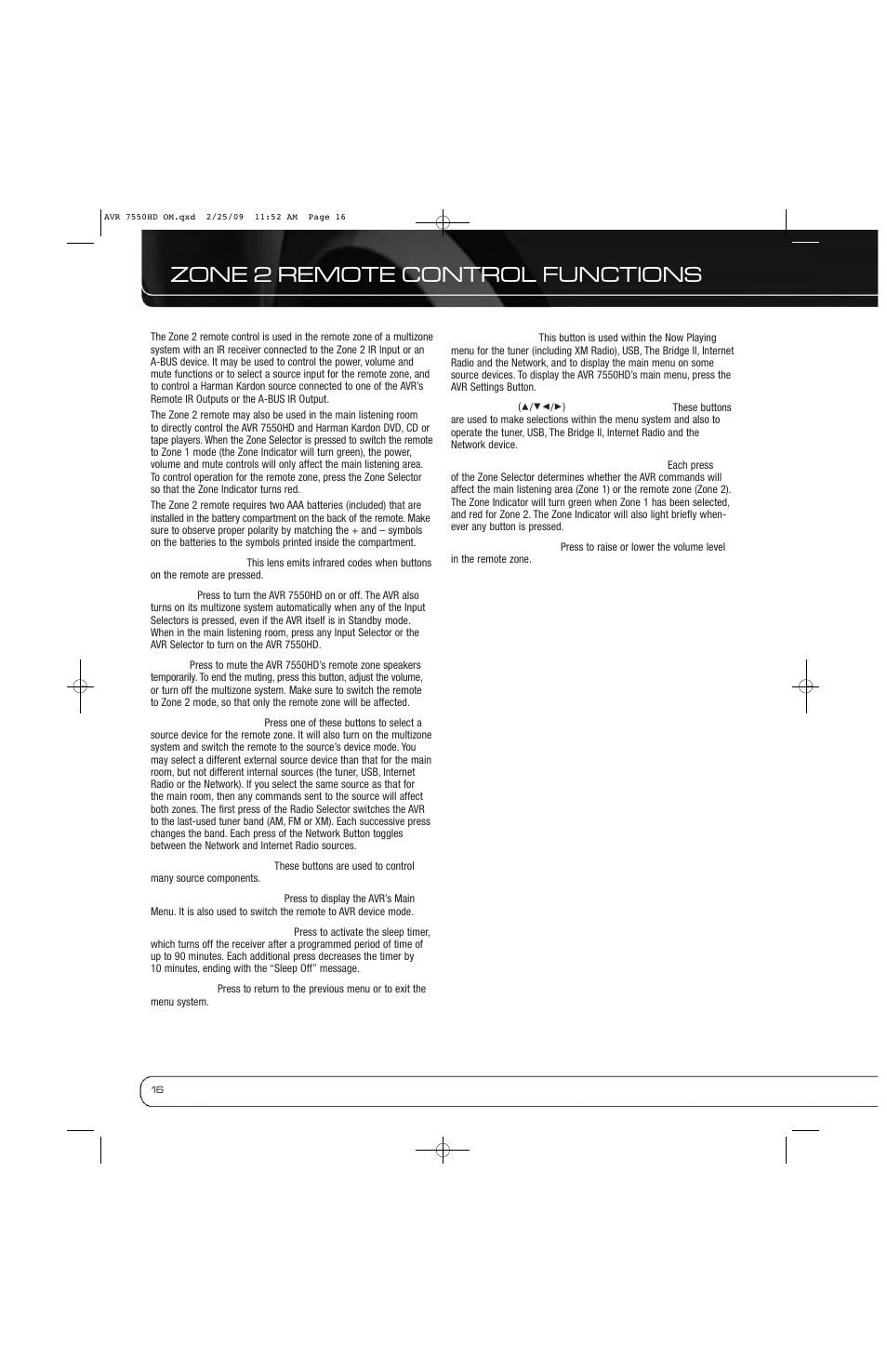 Zone 2 remote control functions | Harman-Kardon AVR 7550HD User Manual | Page 16 / 68