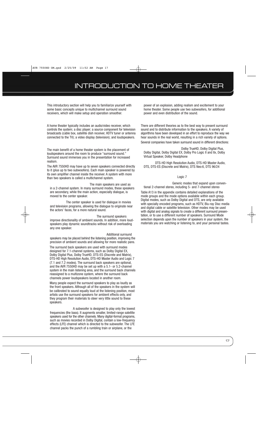 Introduction to home theater | Harman-Kardon AVR 7550HD User Manual | Page 17 / 68