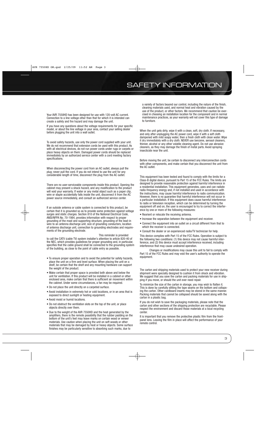 Safety information | Harman-Kardon AVR 7550HD User Manual | Page 3 / 68