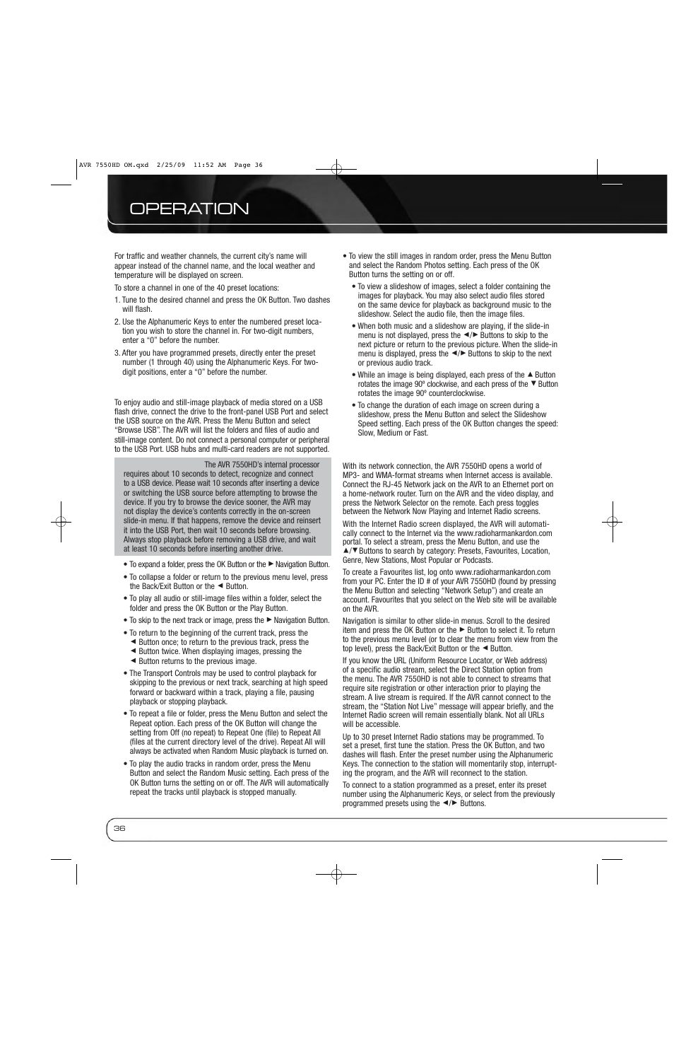 Operation | Harman-Kardon AVR 7550HD User Manual | Page 36 / 68