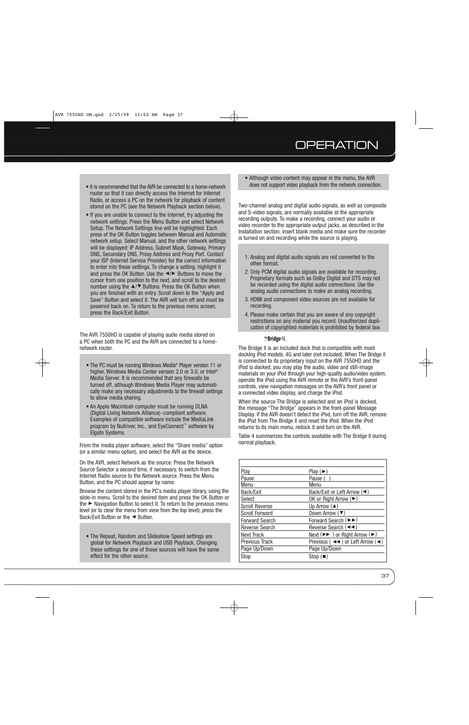 Operation | Harman-Kardon AVR 7550HD User Manual | Page 37 / 68