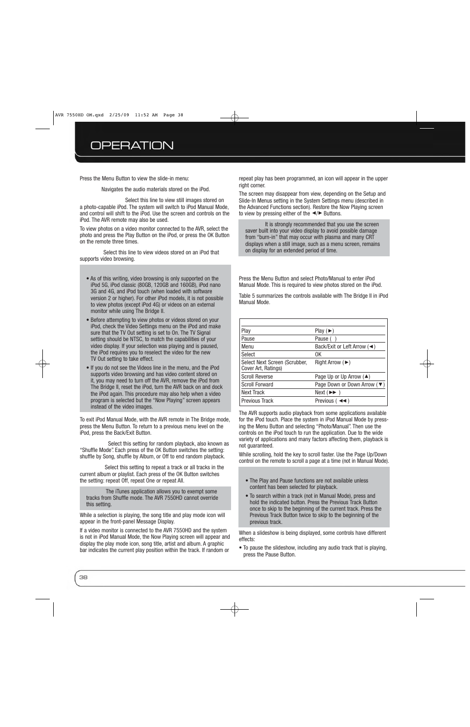 Operation | Harman-Kardon AVR 7550HD User Manual | Page 38 / 68