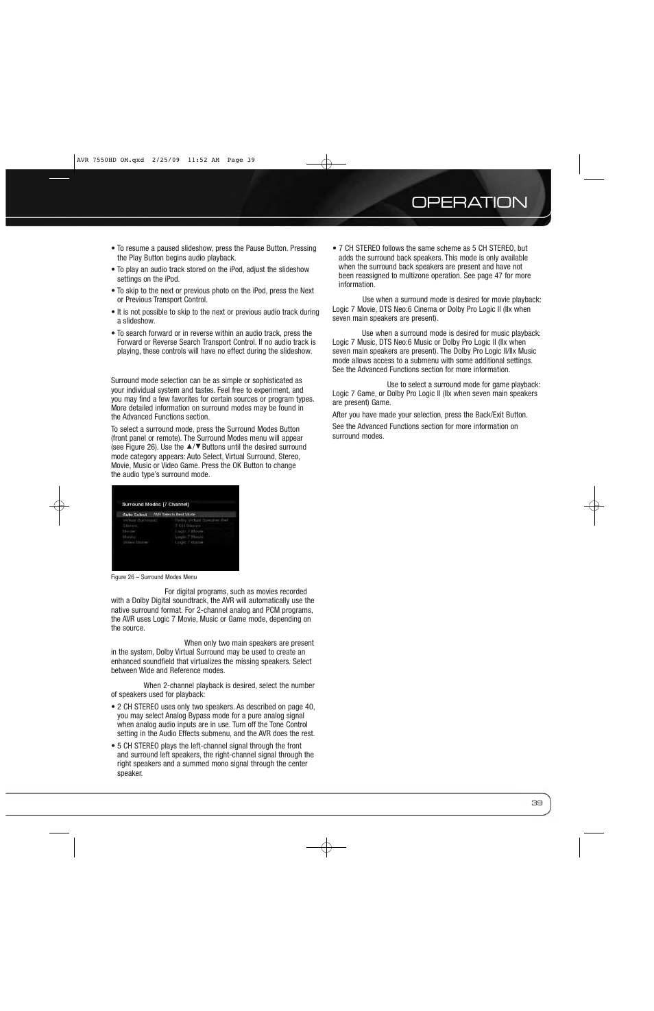 Operation | Harman-Kardon AVR 7550HD User Manual | Page 39 / 68