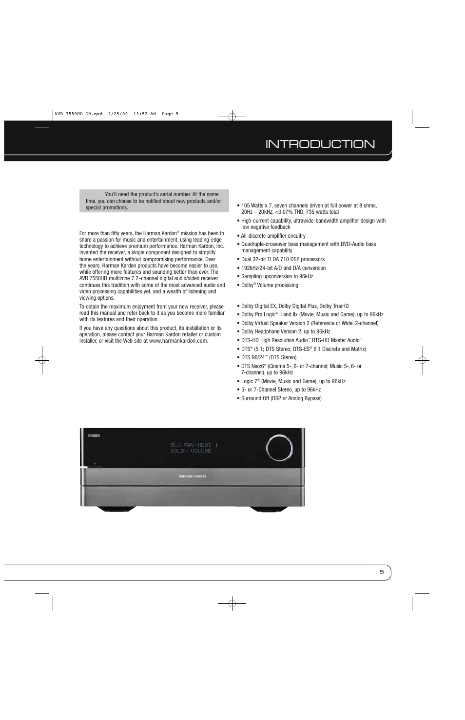 Introduction | Harman-Kardon AVR 7550HD User Manual | Page 5 / 68