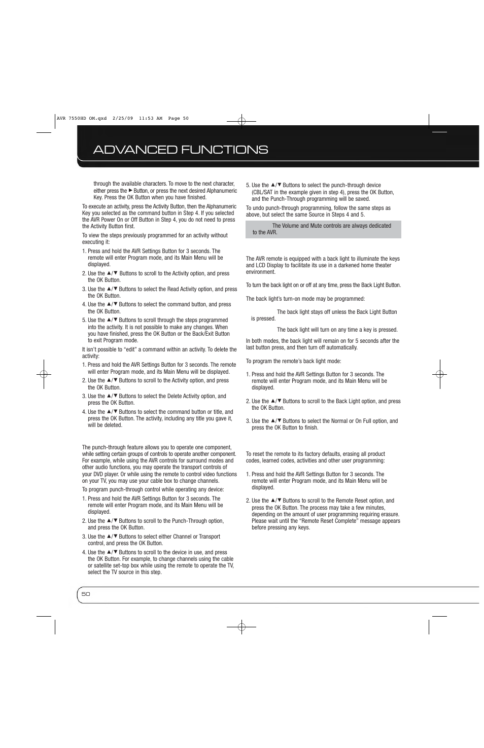 Advanced functions | Harman-Kardon AVR 7550HD User Manual | Page 50 / 68