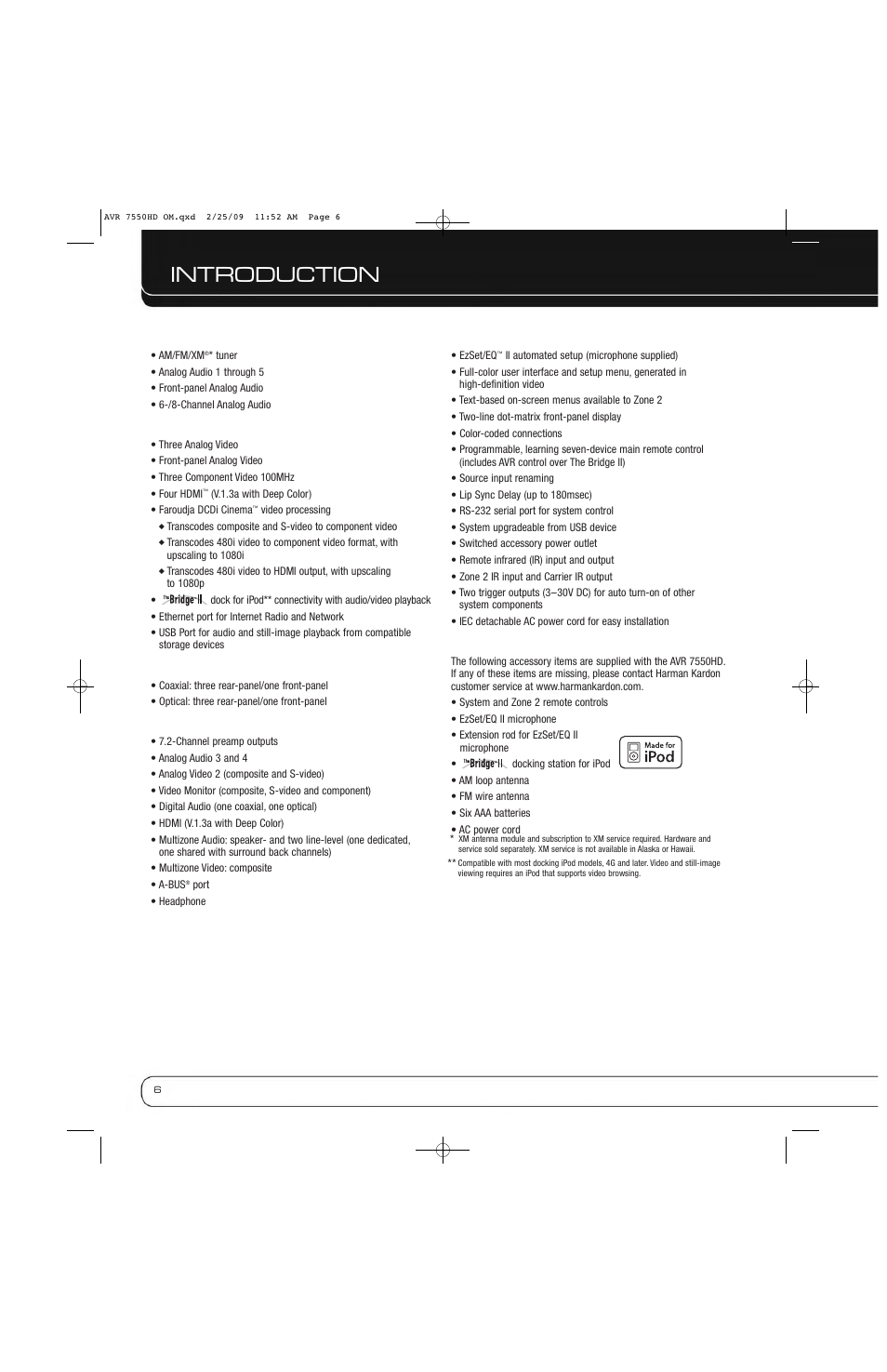 Introduction | Harman-Kardon AVR 7550HD User Manual | Page 6 / 68