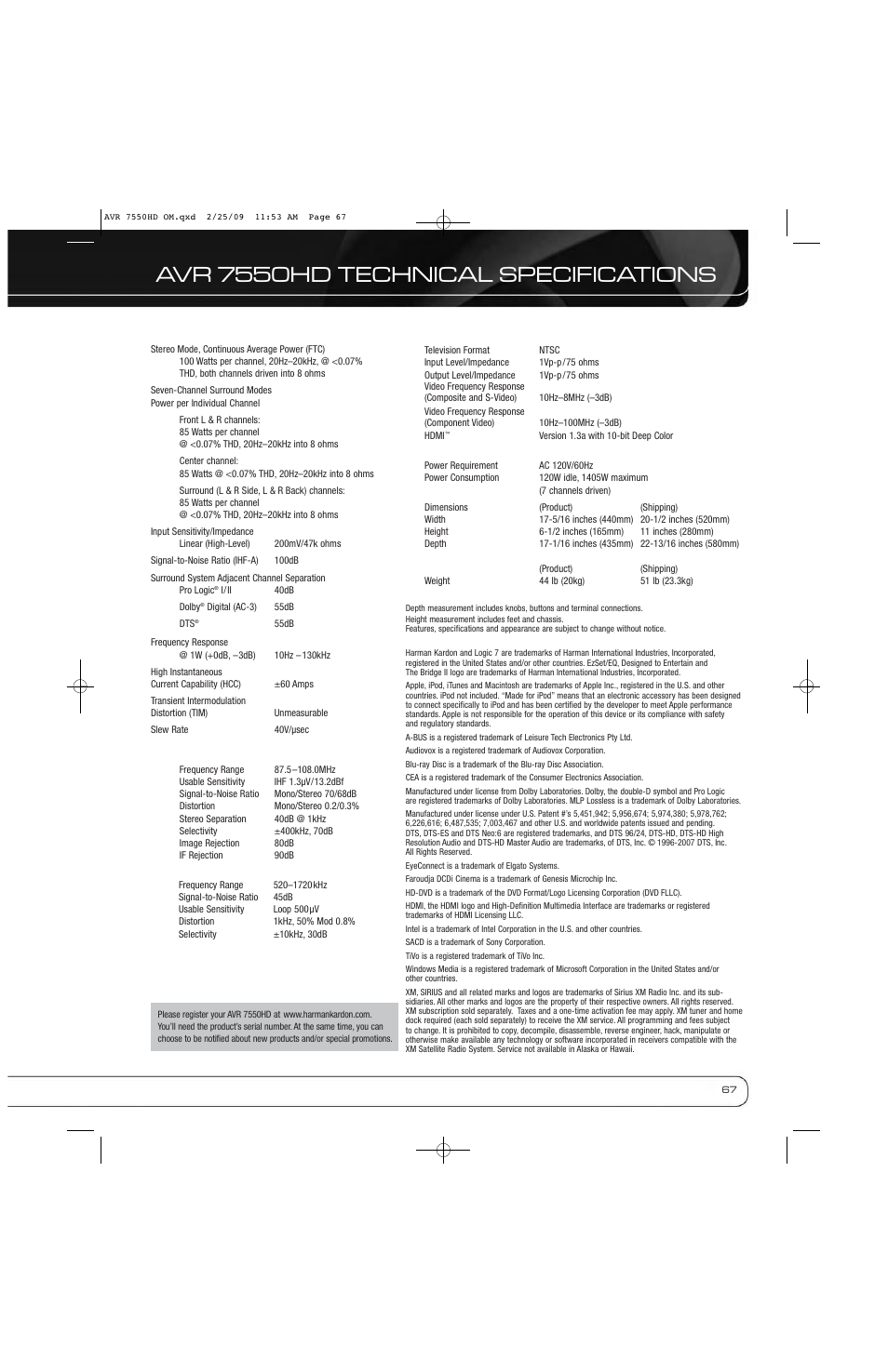 Avr 7550hd technical specifications | Harman-Kardon AVR 7550HD User Manual | Page 67 / 68