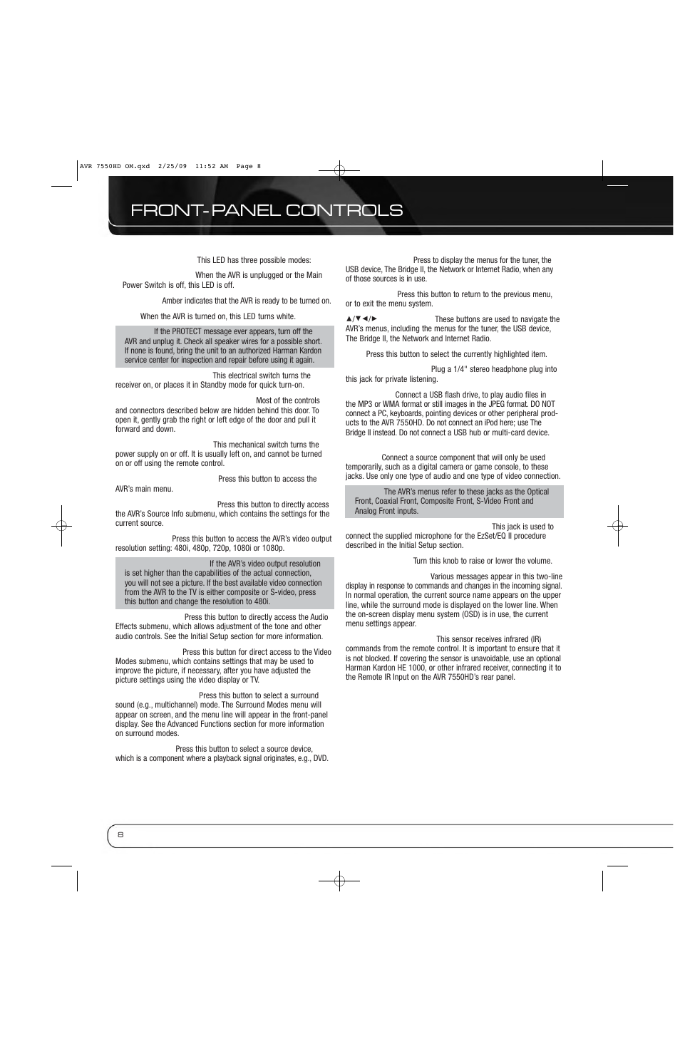 Front- panel controls | Harman-Kardon AVR 7550HD User Manual | Page 8 / 68